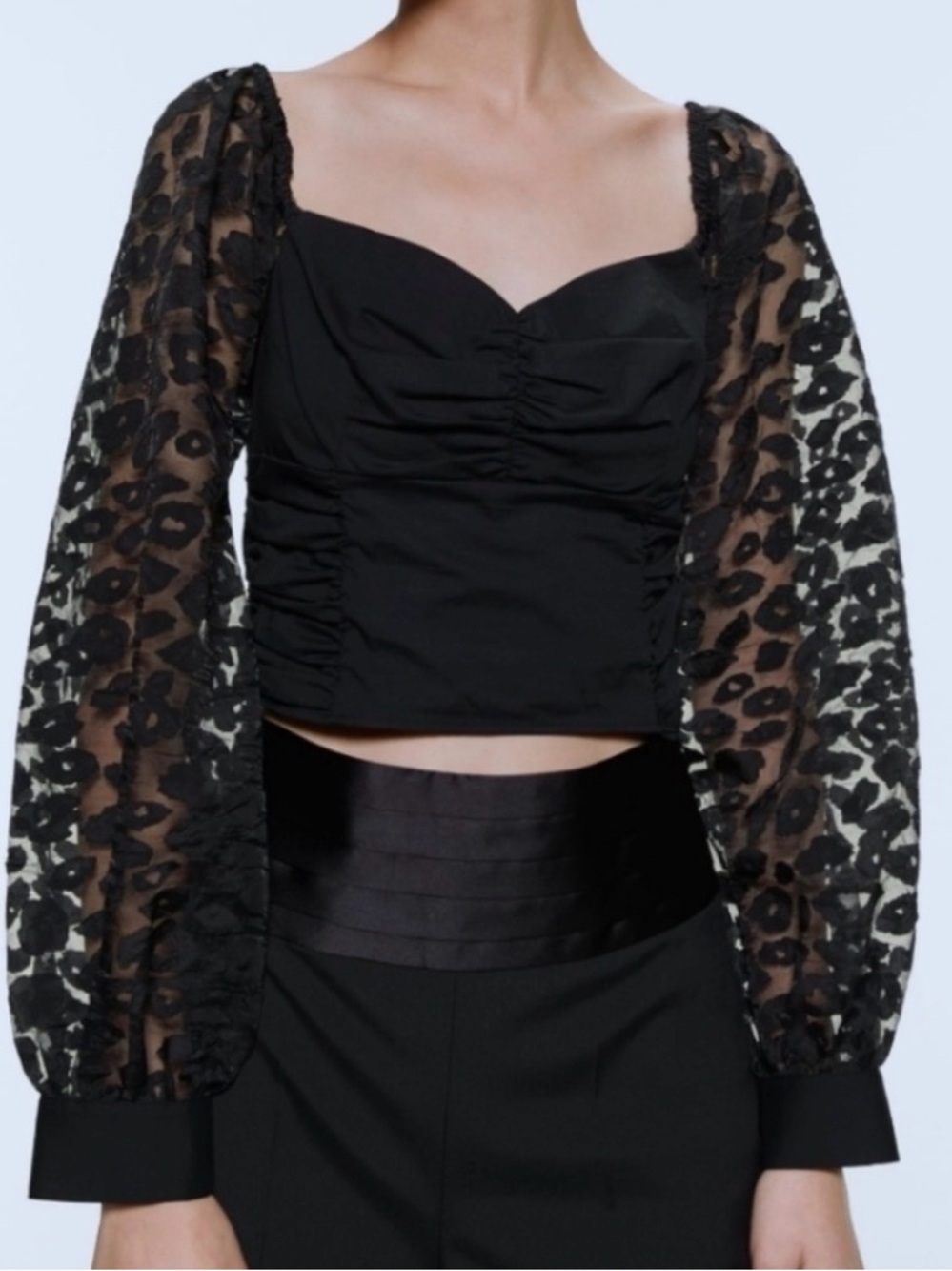 Zara Black Ruched Crop Top Sheer Flocked Cheetah Lace Puff Long Sleeve sz M